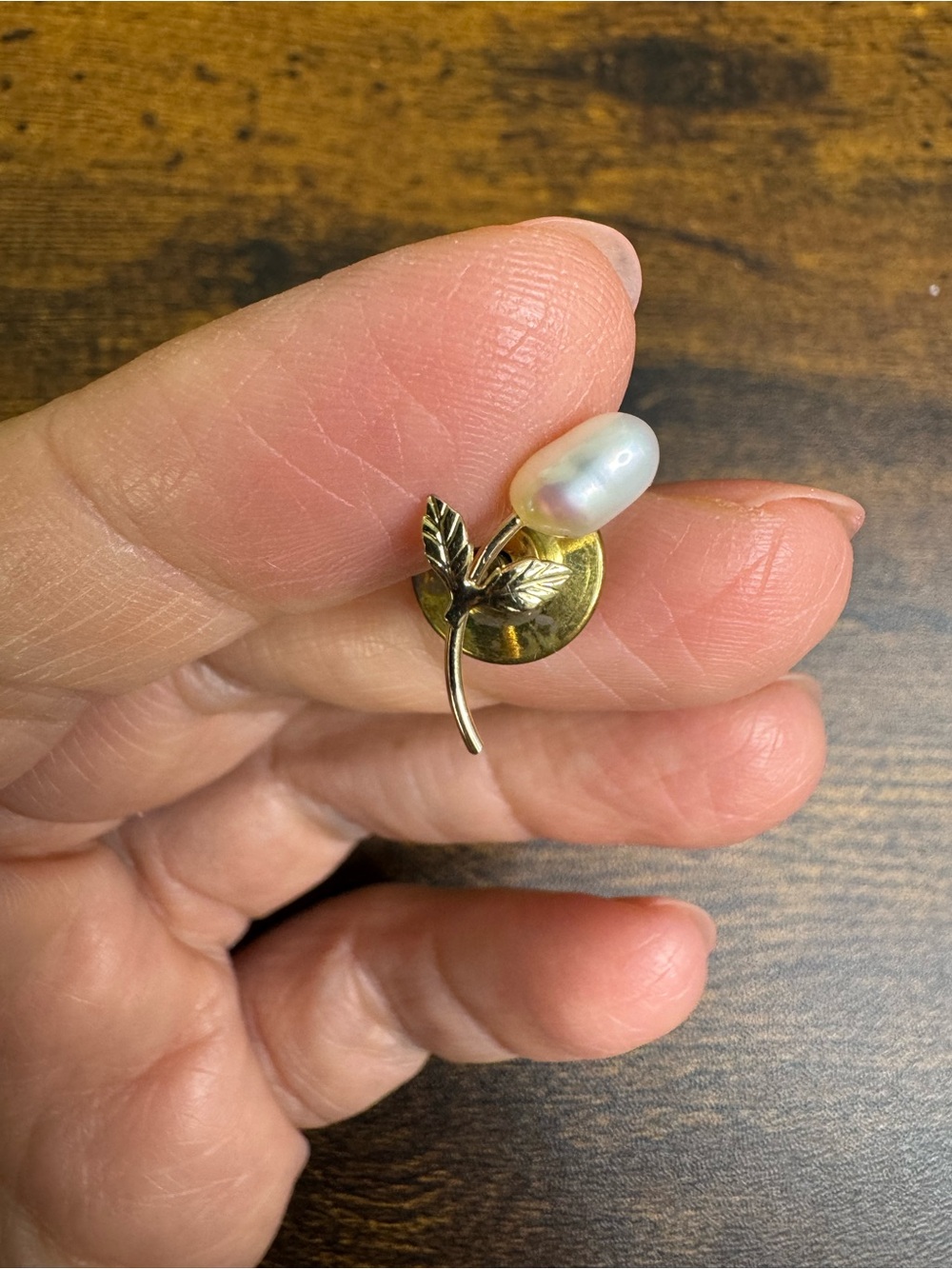 Gold Leaf Flower Pin with Genuine White Freshwater Pearl Accent